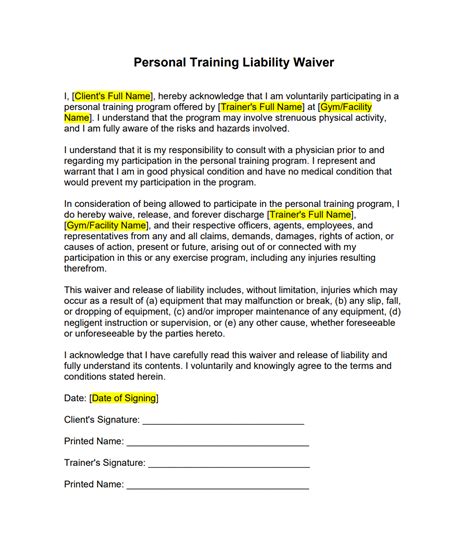 online personal training liability waiver.